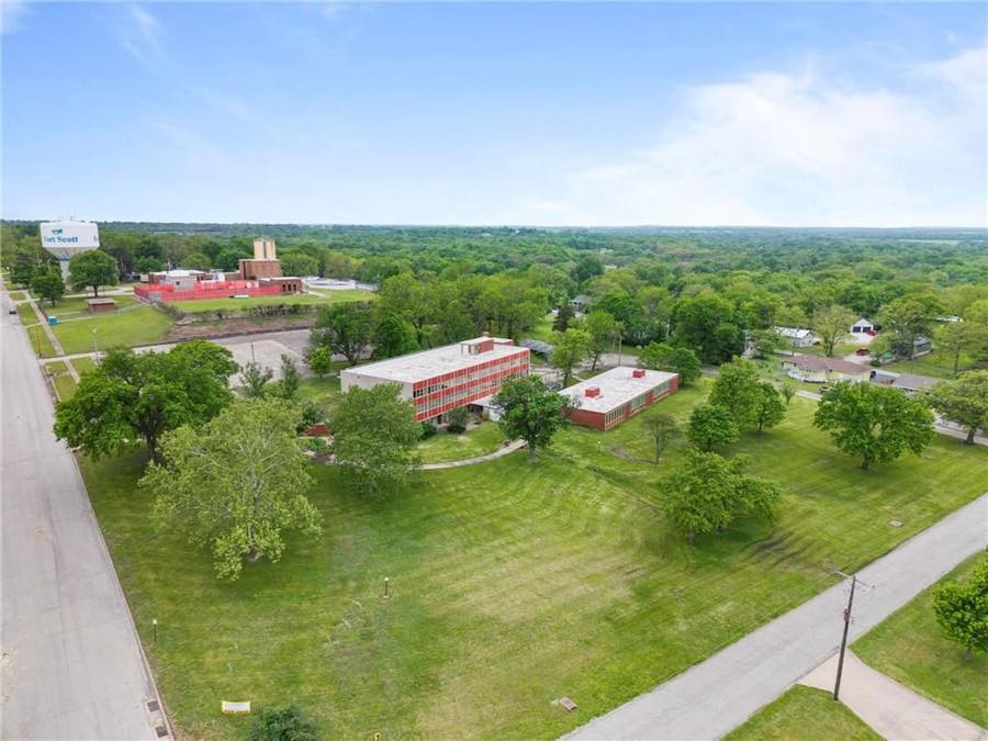 Drone view of the campus and lawn
